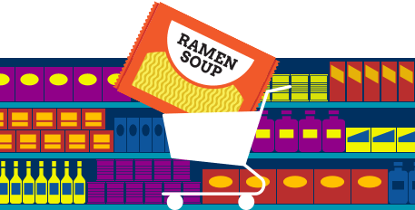 Shopping cart full of ramen noodles